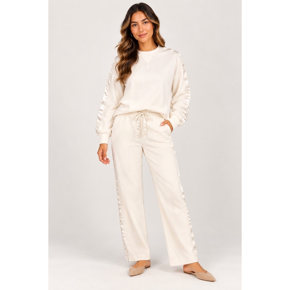 Rae Mode Ivory Satin Trim Lounge Set Size L Sweatshirt Jogger Pants Quiet Luxury